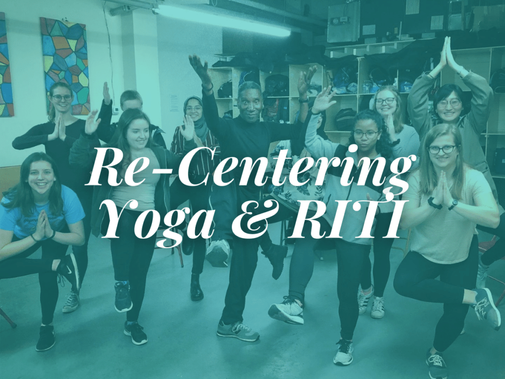 room in the inn blog title re-centering yoga and riti overlays photo of guest and volunteers holding yoga tree pose
