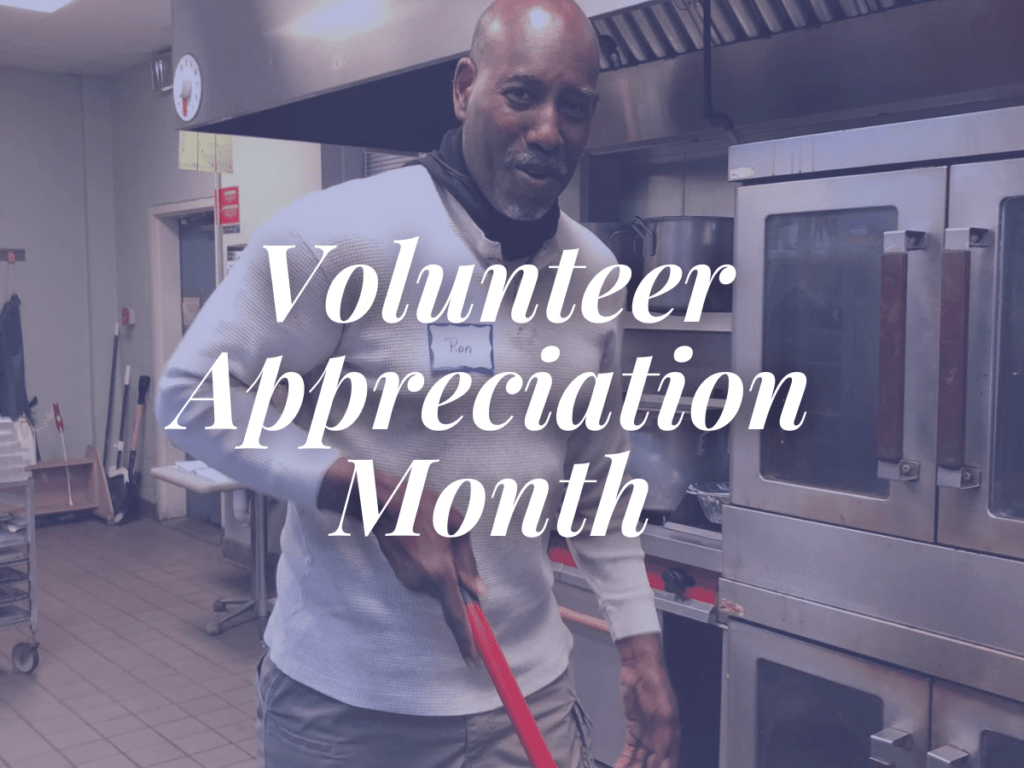 room in the inn blog title Volunteer Appreciation Month overlays image of man mopping kitchen