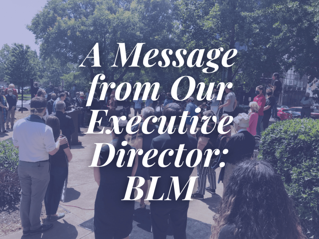 room in the inn blog title a message from our executive director: BLM overlays a photo of clergy gathered at a prayer vigil
