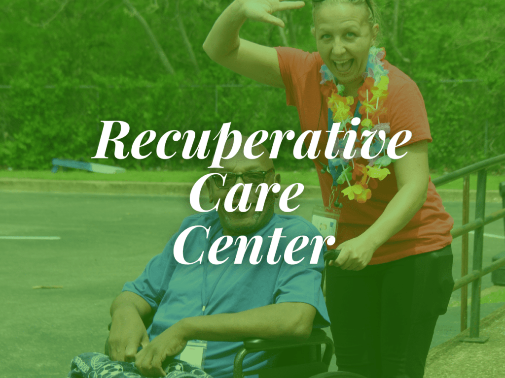 room in the inn blog title Recuperative Care Center overlays photo of woman waving while pushing a man who is in a wheelchair