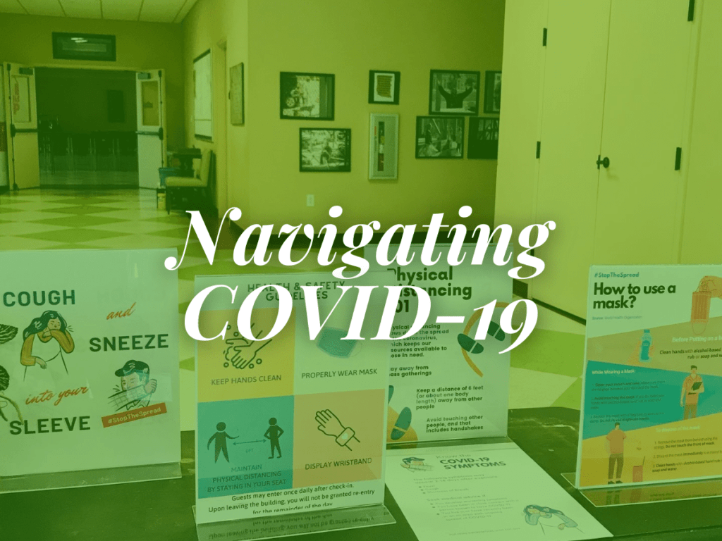 room in the inn blog title Navigating Covid-19 overlays image of table with covid guidelines signs at entrance to day center