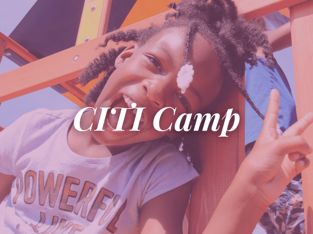 room in the inn blog title CITI Camp overlays image of smiling child on playset