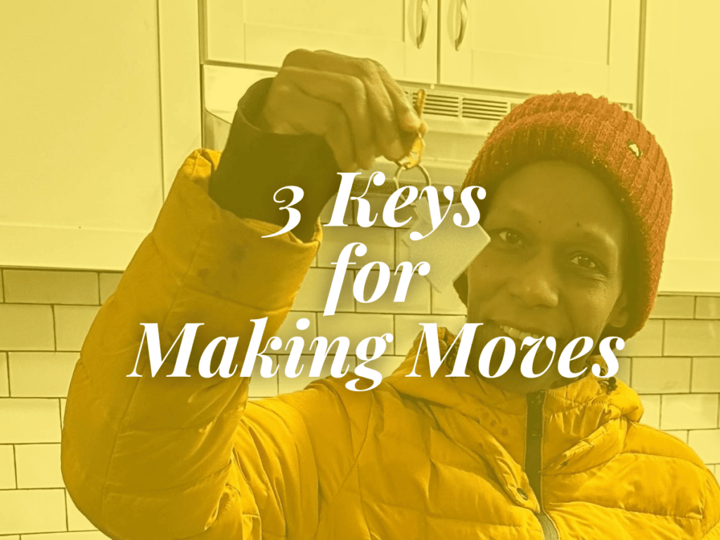 A RITI guest proudly holds up the key to her new home. The blog title 3 Keys for Making Moves overlays the photo.